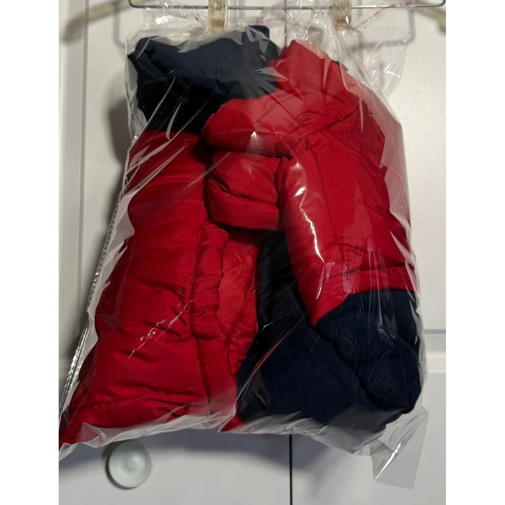 US Polo Assn Puffer Jacket Mens M Red Navy Excellent Hooded Fleece Sleeve Zip